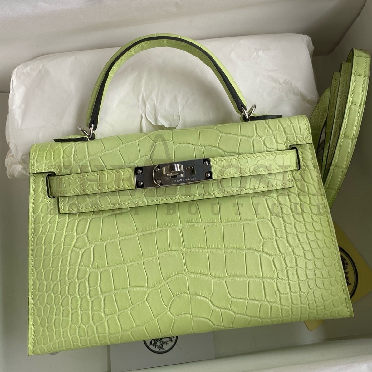 H**me5 Kelly Mini II Sellier Handmade Bag In Jaune Bourgeon Matte Alligator Leather Master Quality