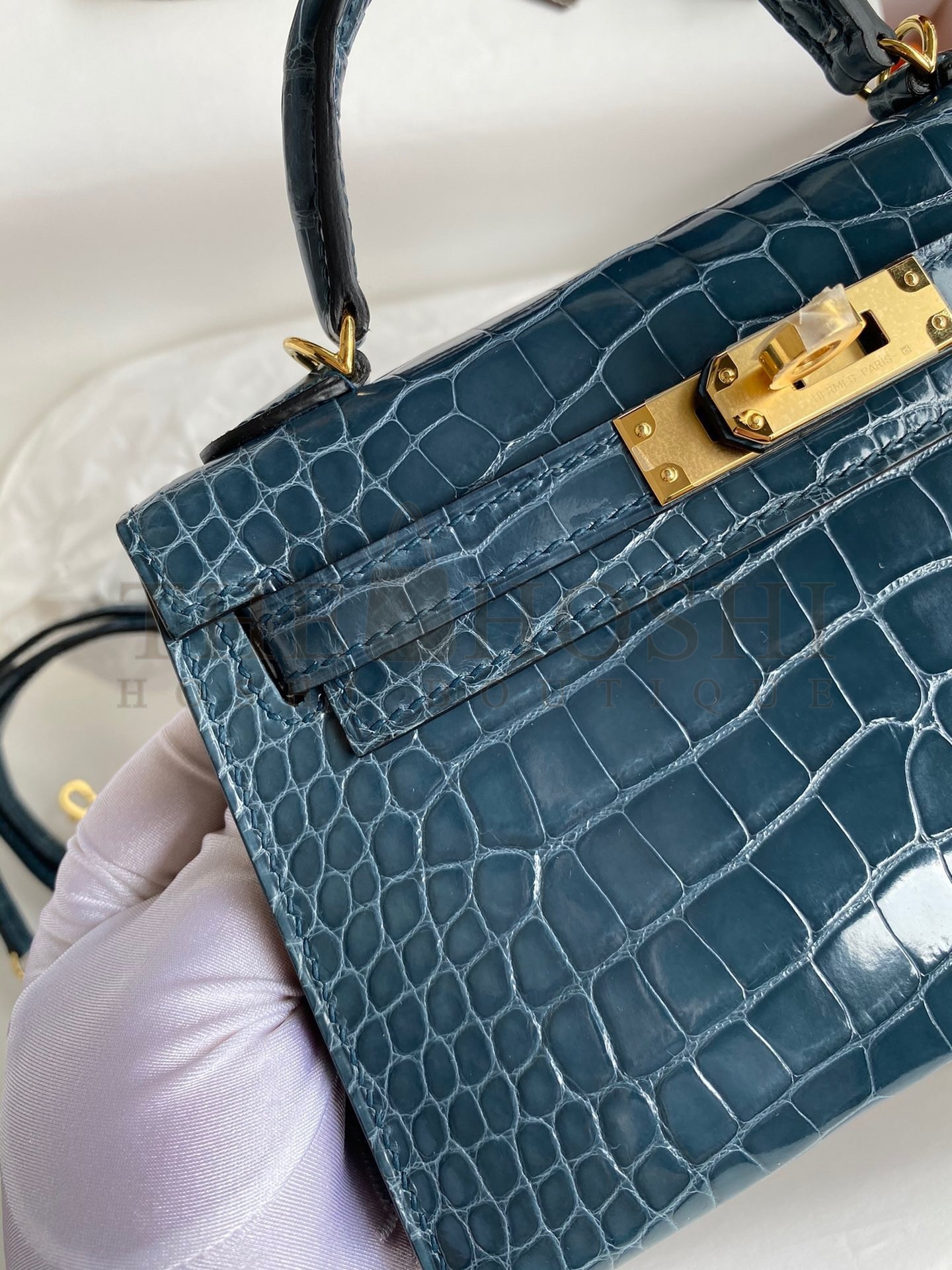 H**me5 Kelly Mini II Sellier Handmade Bag In Blue Jean Shiny Alligator Leather Master Quality