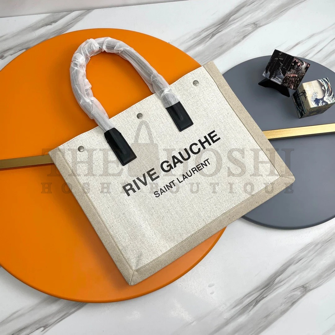 Sa1nt Lau*nt Rive Gauche Small Tote Bag in White Linen and Leather Master Quality