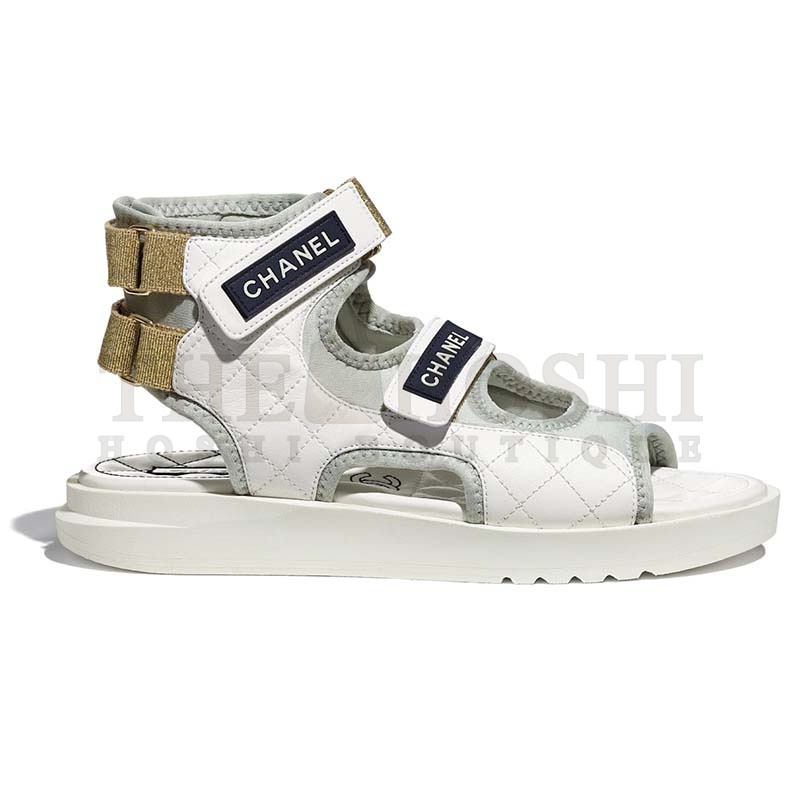 Ch**el Women Sandals Goatskin Fabric &amp; TPU White Light Grey &amp; Navy Blue Master Quality