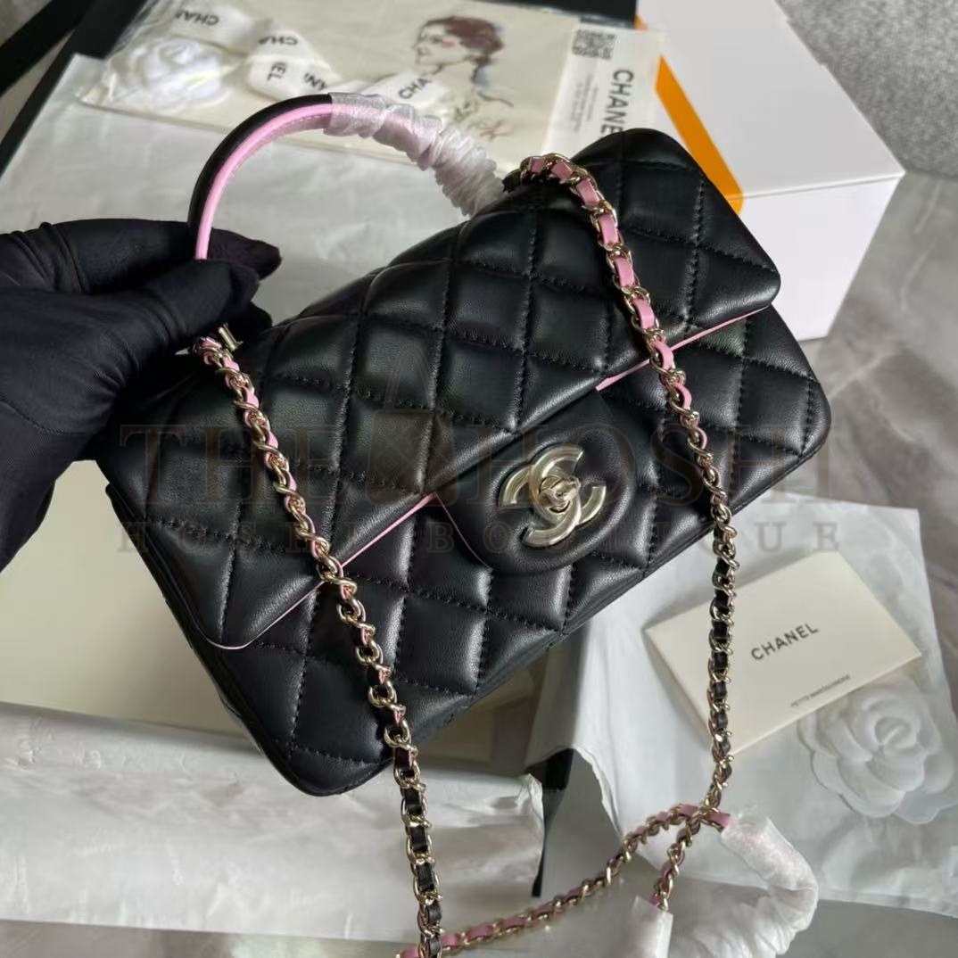 Ch**el Mini Rectangular Flap Bag withTop Handle Black and Pink Inside Master Quality