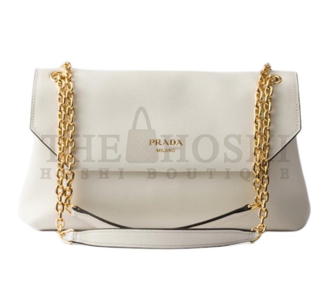 Pra*a Doux Medium Flap Shoulder Bag – White Calfskin Leather with Magnetic Closure and Gold Chain Strap Master Quality