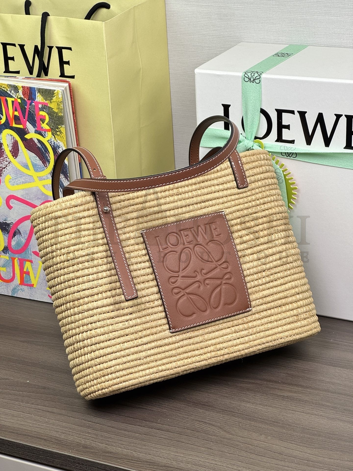 L0ew* Raffia Cowhide Tote Bag 28x20x10cm Master Quality