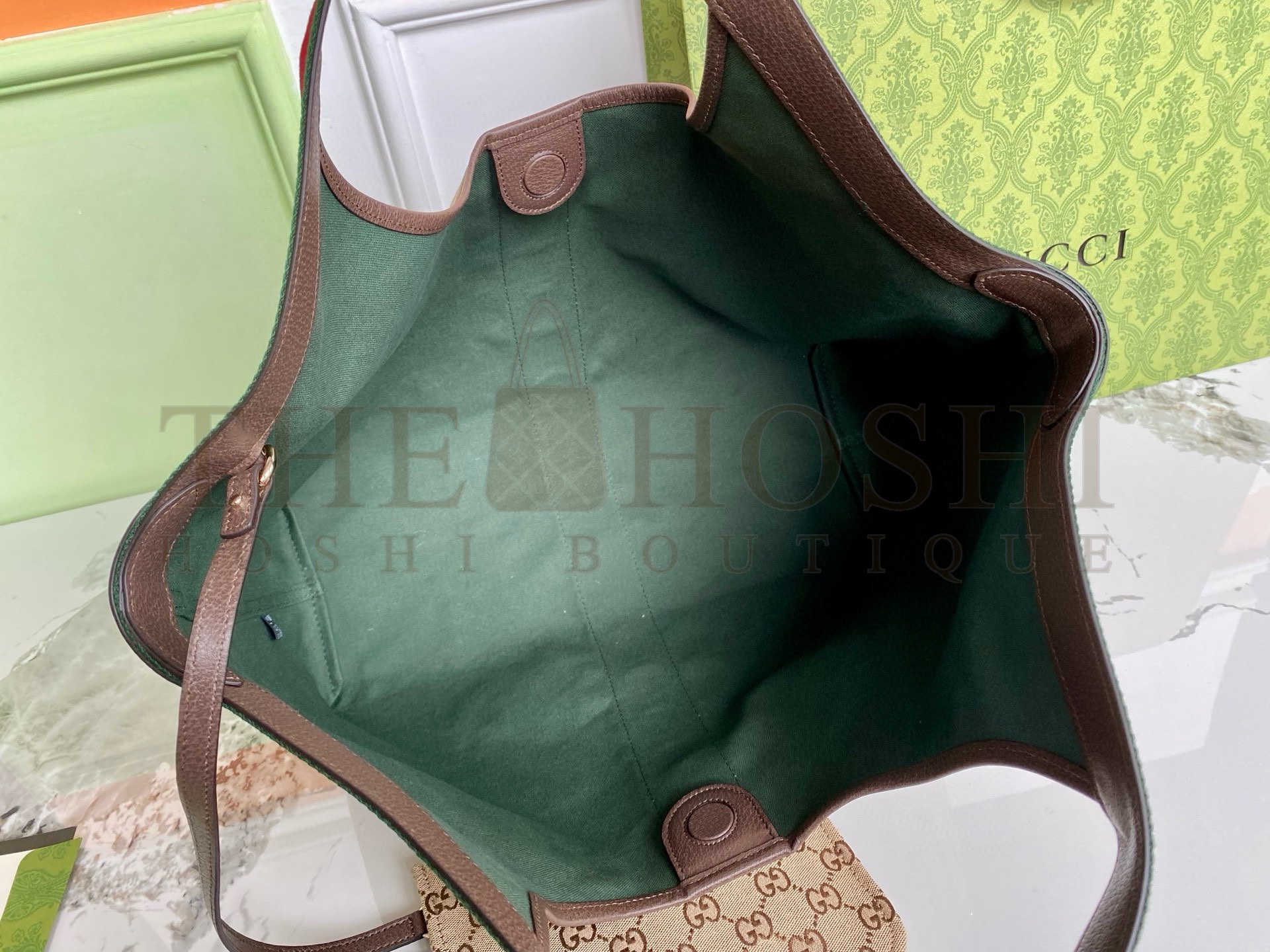 Gvc*1 Giglio Tote Bag Beige/Deep Brown GG Canvas with Green-Red Web, Removable Pouch, 60 x 47 x 16 cm Master Quality