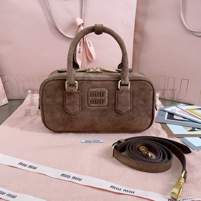 Miu Miu M1um1u Suede Bowling Bag Brown Calfskin Leather 22x10.5x7.5cm 5BB142 Master Quality
