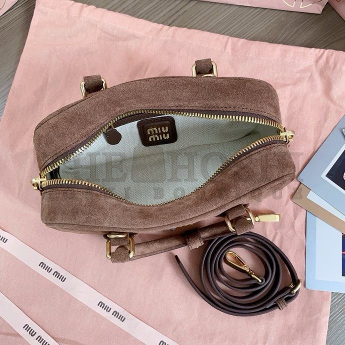 Miu Miu M1um1u Suede Bowling Bag Brown Calfskin Leather 22x10.5x7.5cm 5BB142 Master Quality