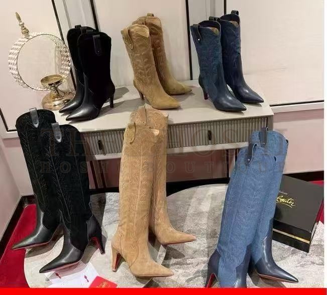 CL Santiabooty Classic Western Cowboy Boots Calfskin Denim 8.5cm Heel Master Quality