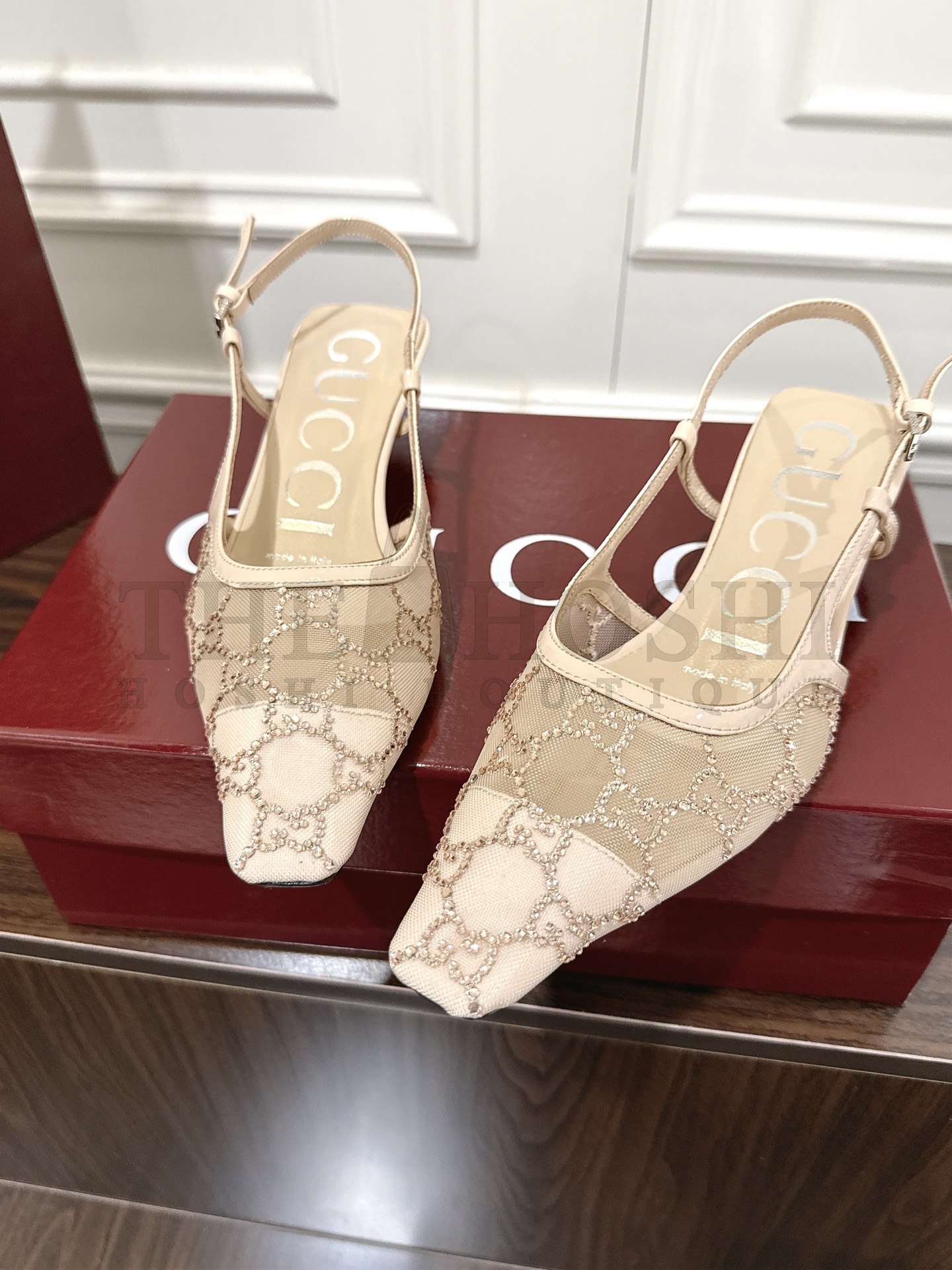 Gvc*1 GG Aria Mesh Crystal Heels Women’s Shoes Sheepskin Insole 35‑42 Master Quality