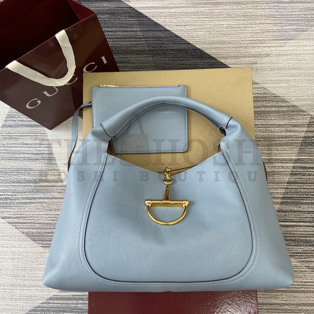 Gvc*1 Softbit Large Hobo Shoulder Bag – Blue Grained Leather, Detachable Handle, Magnetic Closure, 46 x 26 x 16 cm Master Quality