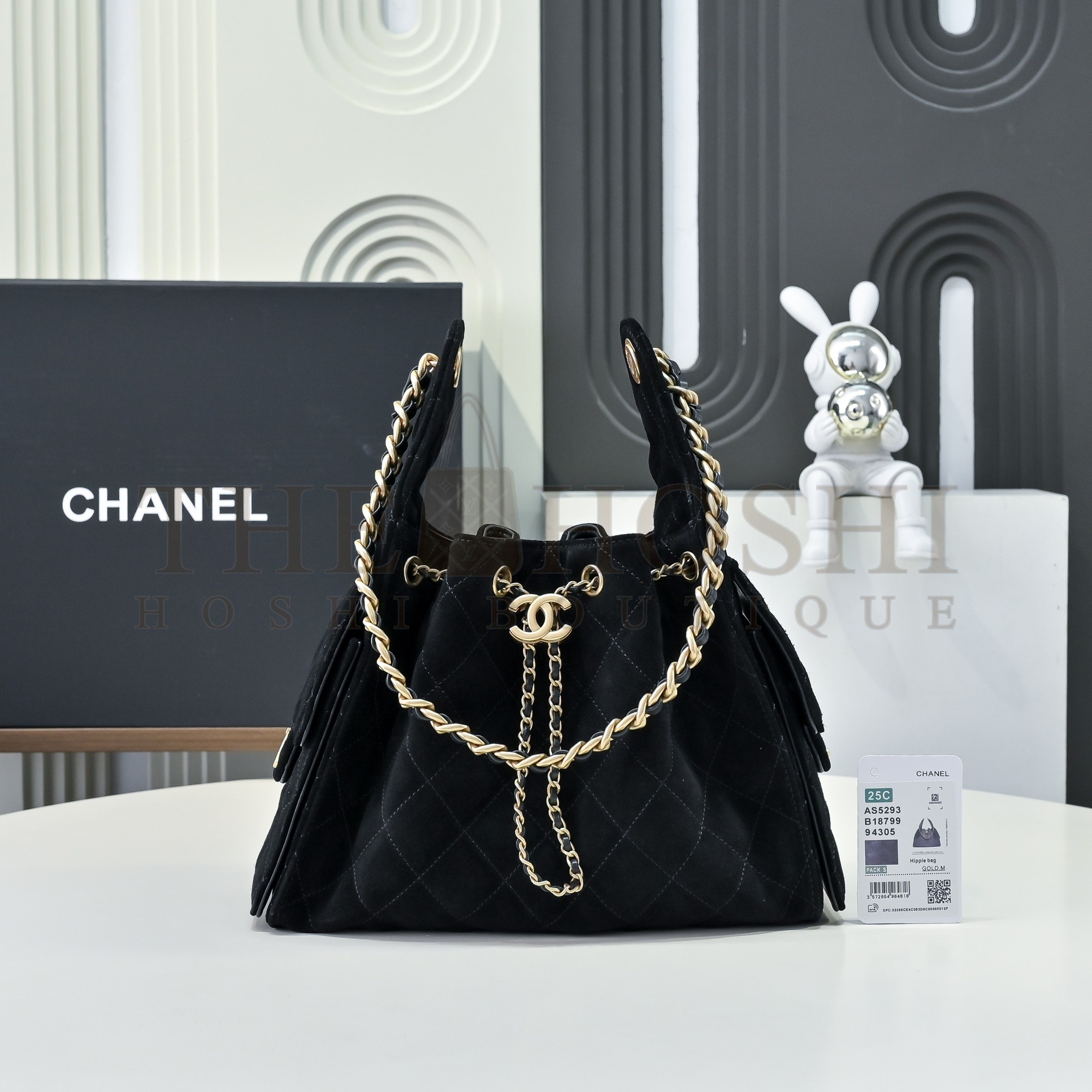 Ch**el 25C Hobo AS52931 Hobo Drawstring Bag Black Sude Leather with Gold Chain 30x26x14CM Master Quality