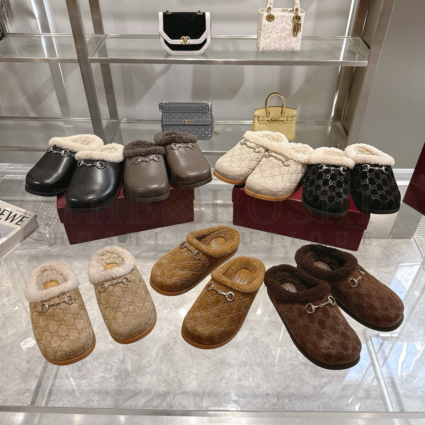 Gvc*1 Black Leather Horsebit-Detailed Shearling-Lined Mules Sandals  Sizes 36-42 Master Quality