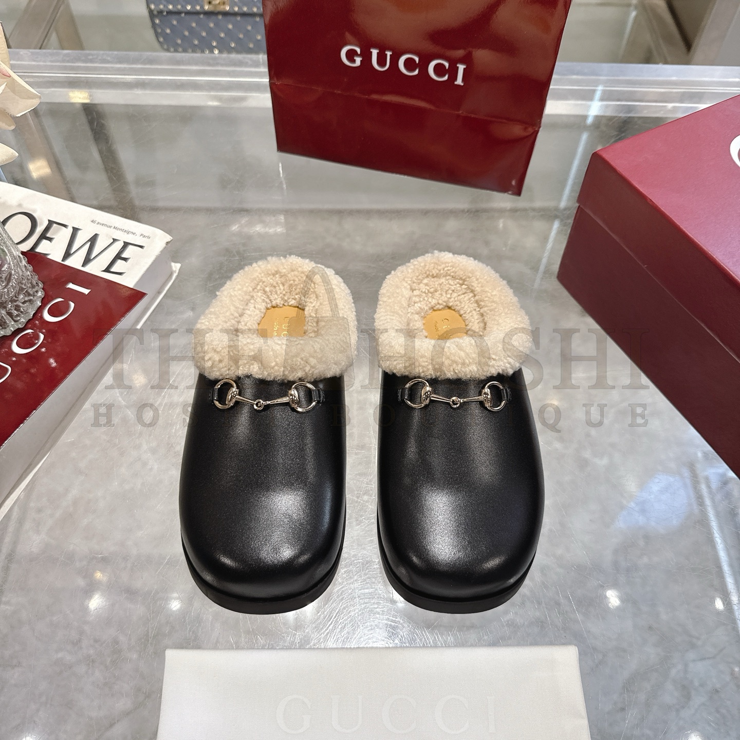 Gvc*1 Black Leather Horsebit-Detailed Shearling-Lined Mules Sandals  Sizes 36-42 Master Quality