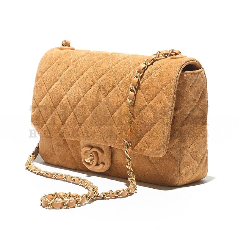 Ch**el FLAP BAG SUEDE CALFSKIN, LAMBSKIN &amp; GOLD-TONE METAL DARK BEIGE AS5987 (26*18*7cm) Master Quality