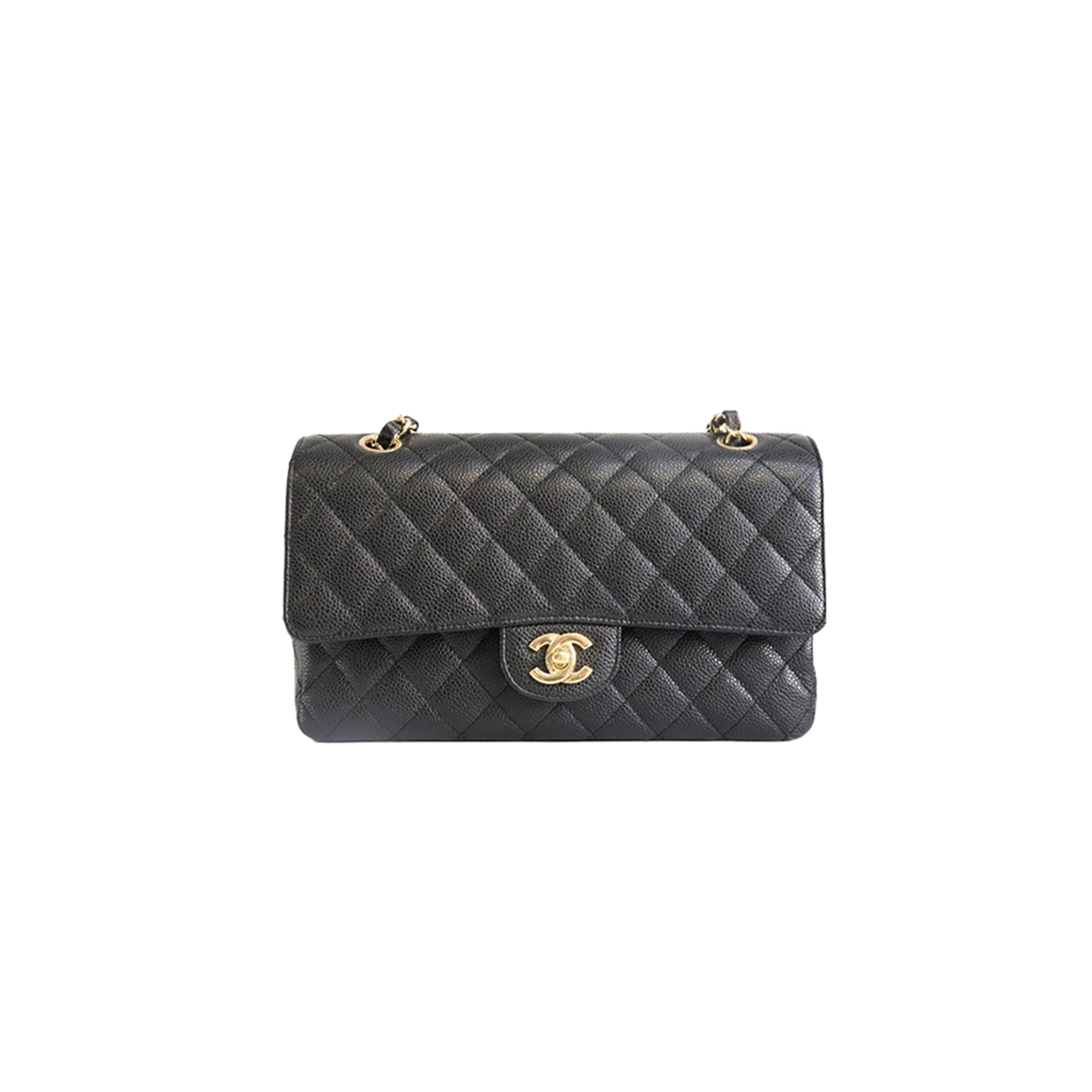 Ch**el CLASSIC MEDIUM DOUBLE FLAP, BLACK CAVIAR LEATHER, GOLD HARDWARE (25.5*15.5*6.5cm) Master Quality
