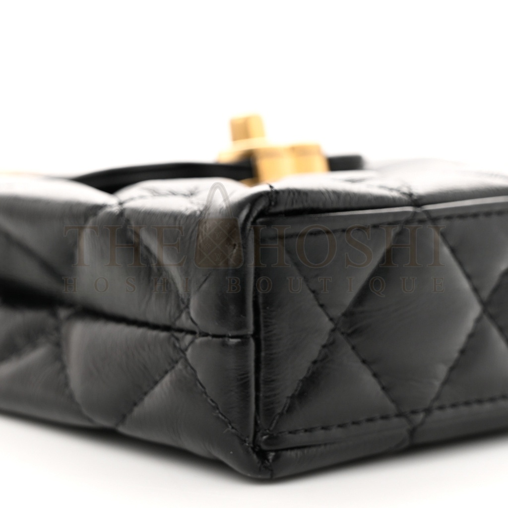 Ch**el SHINY CALFSKIN QUILTED MINI NANO KELLY SHOPPER BLACK (12.5*8*4cm) Master Quality