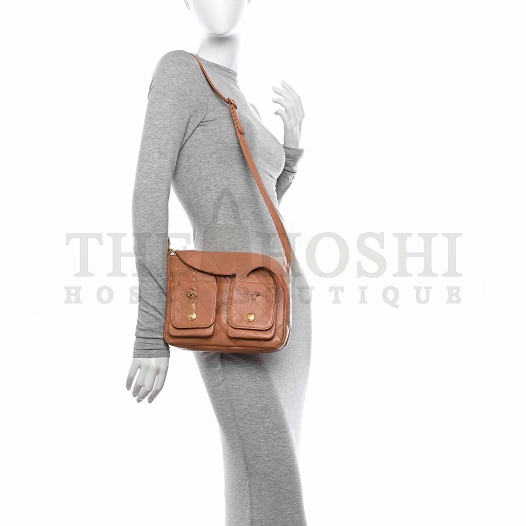 Ch**el SHINY CALFSKIN QUILTED S*pPLE TWINS SMAL HOBO BAG BROWN (24.5*19*5cm) Master Quality