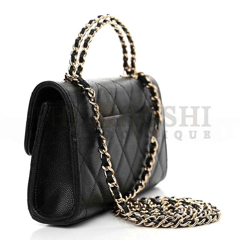 Ch**el CAVIAR QUILTED CHAIN TOP HANDLE WITH CHAIN BLACK (18*10*4cm) Master Quality