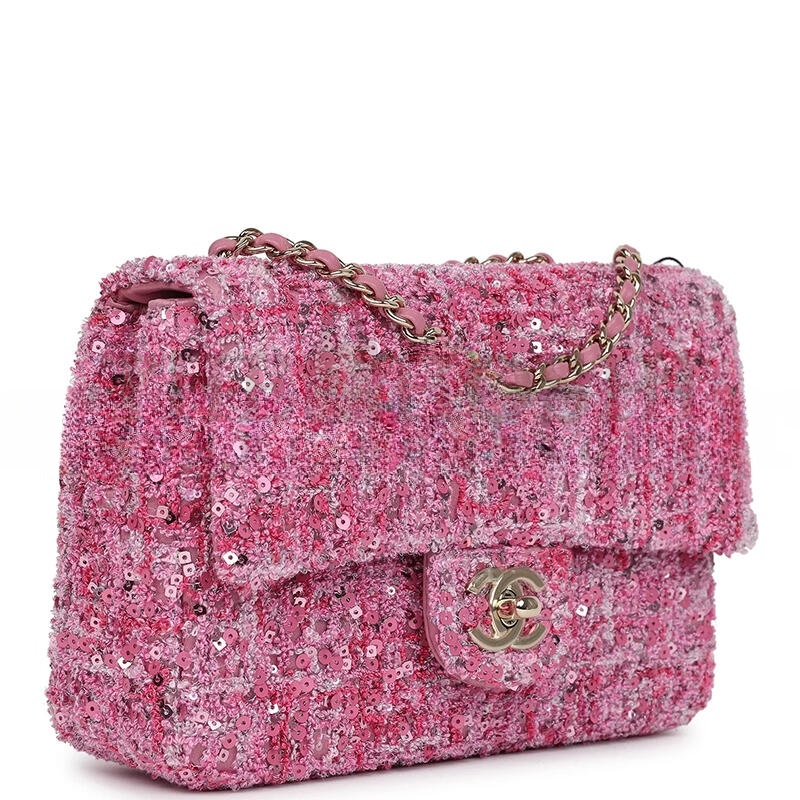 Ch**el MINI CLASSIC RECTANGULAR FLAP BAG PINK TWEED AND SEQUIN GOLD HARDWARE 192410 (20*13*6cm) Master Quality