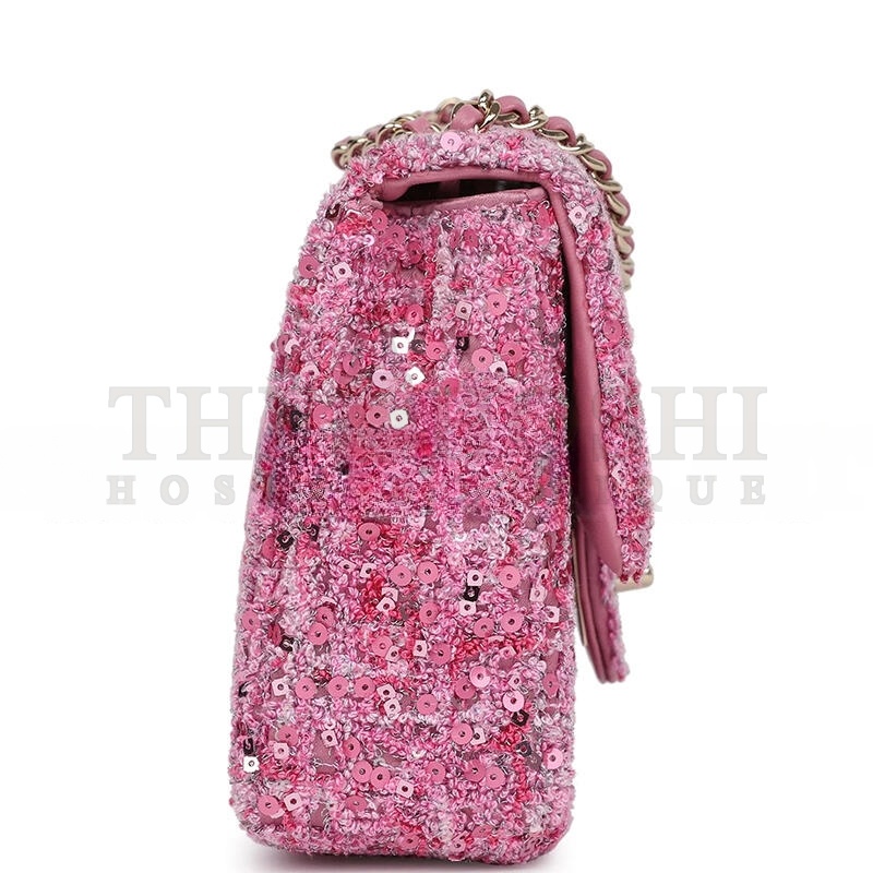 Ch**el MINI CLASSIC RECTANGULAR FLAP BAG PINK TWEED AND SEQUIN GOLD HARDWARE 192410 (20*13*6cm) Master Quality