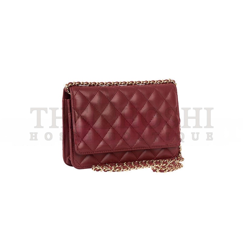 Ch**el DARK RED LAMBSKIN MATELASSE WALLET ON CHAIN  (19*13*4cm) Master Quality