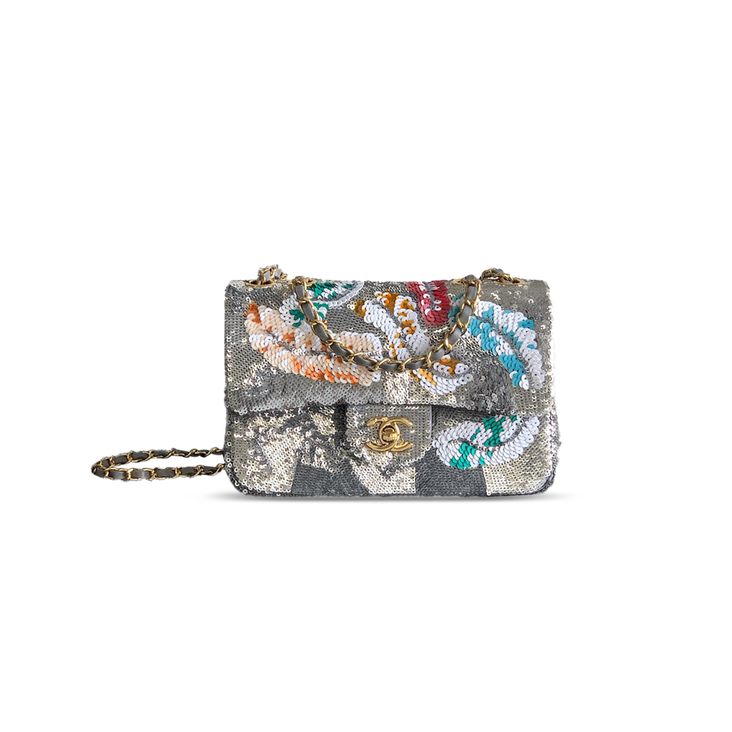 Ch**el MINI CLASSIC 11.12 HANDBAG EMBROIDERED SATIN, SEQUINS, GLASS PEARLS 356014 (20*13*7cm) Master Quality