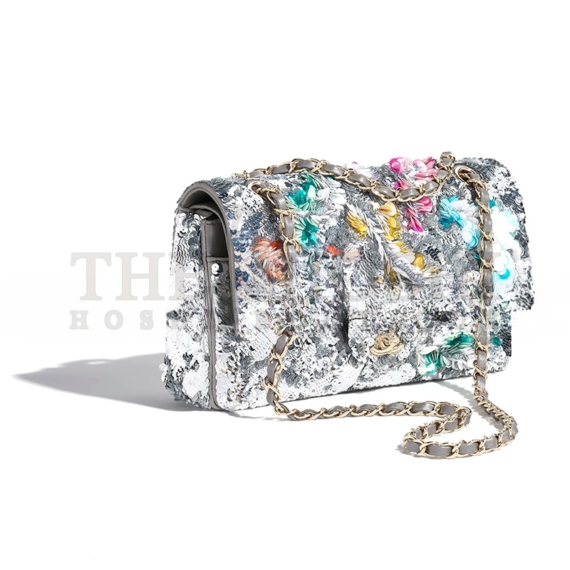 Ch**el CLASSIC 11.12 HANDBAG EMBROIDERED SATIN, SEQUINS, GLASS PEARLS A01112 (25.5*15.5*6.5cm) Master Quality