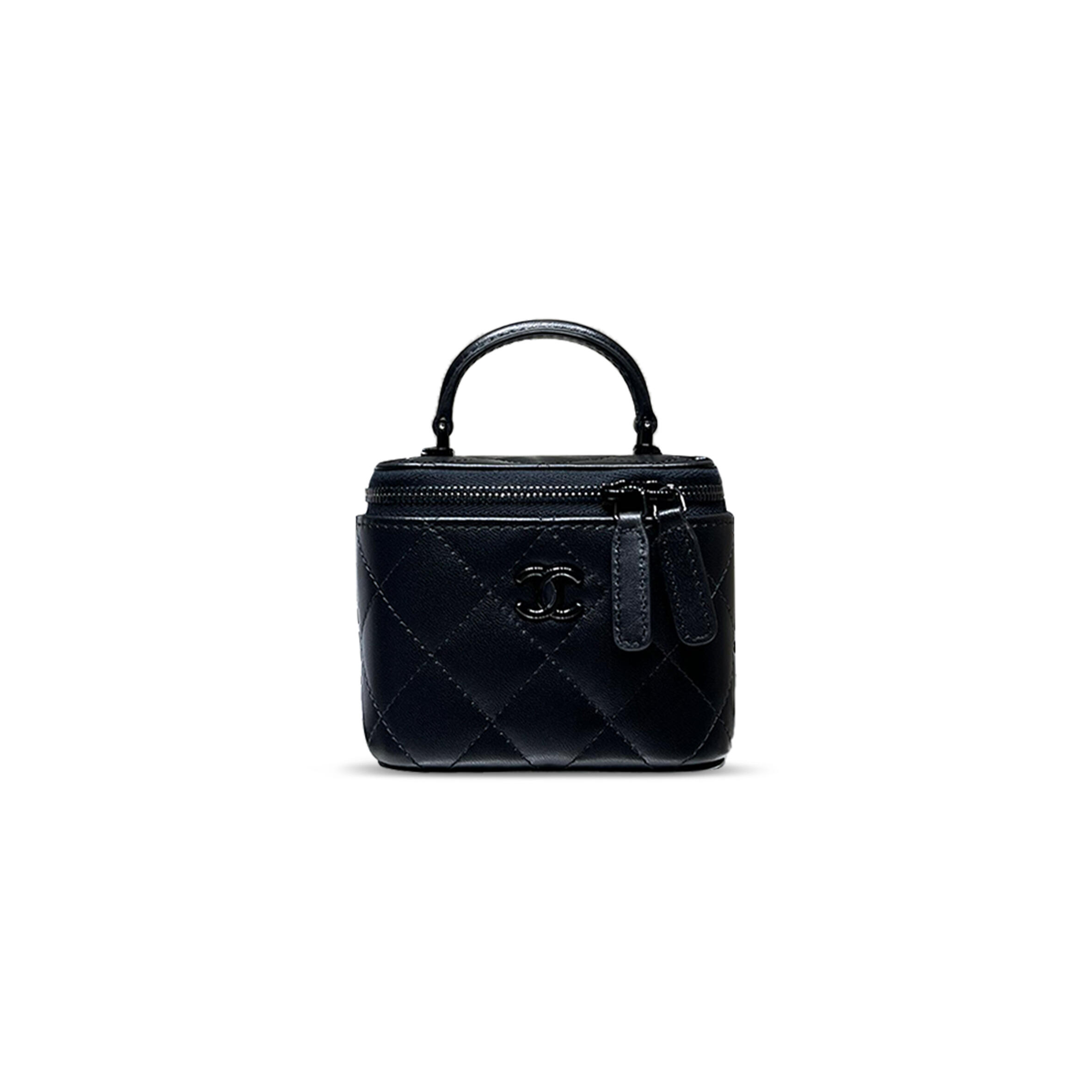 Ch**el BLACK QUILTED GRAINED CALFSKIN MINI VANITY WITH CHAIN BLACK HARDWARE AP2198 (11*8.5*7cm) Master Quality