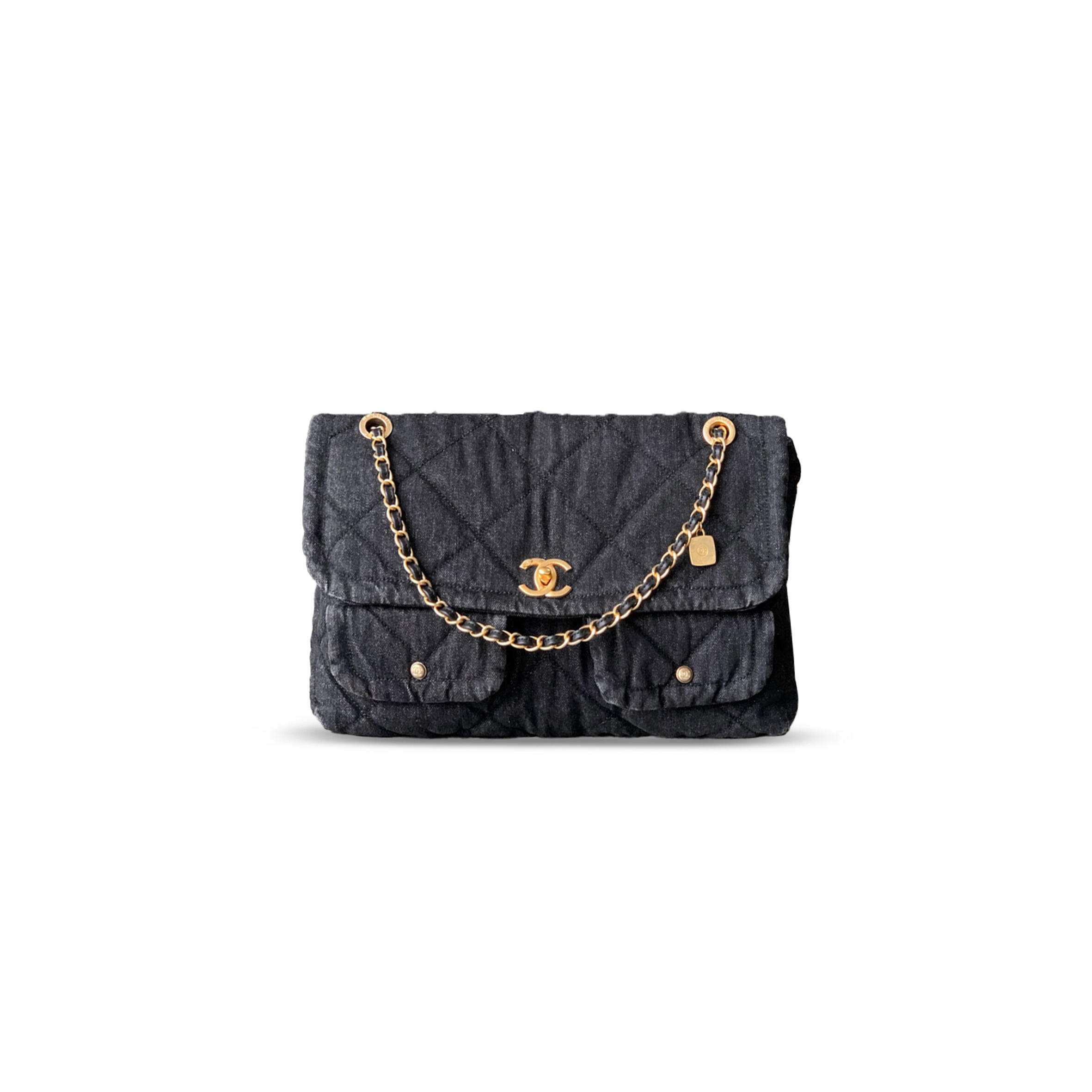 Ch**el CLASSIC FLAP BAG BLACK QUILTED DENIM WITH GOLD-TONE CHAIN 329371 (39*25*9cm) Master Quality