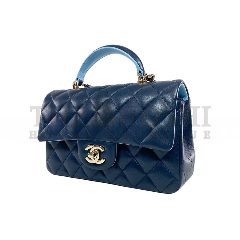 Ch**el MINI TOP HANDLE RECTANGULAR FLAP BAG QUILTED LAMBSKIN NAVY AND LIGHT BLUE 360047 (20*13*6cm) Master Quality