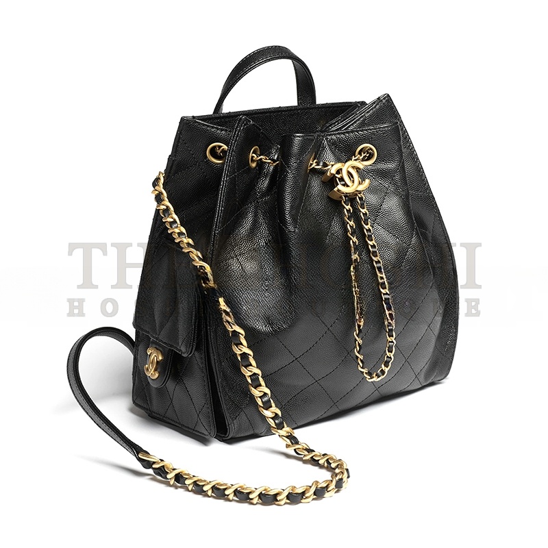 Ch**el 25 MEDIUM BACKPACK GRAINED CALFSKIN &amp; GOLD-TONE METAL BLACK AS5600 (23*23*14cm) Master Quality