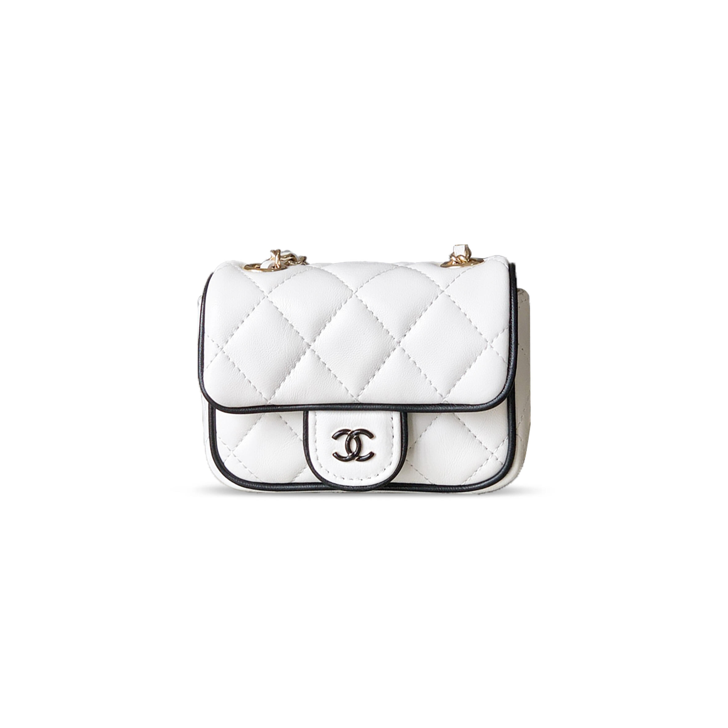 Ch**el MINI FLAP BAG, LAMBSKIN, WHITE &amp; BLACK AP4512 (11.5*8.5*4cm) Master Quality