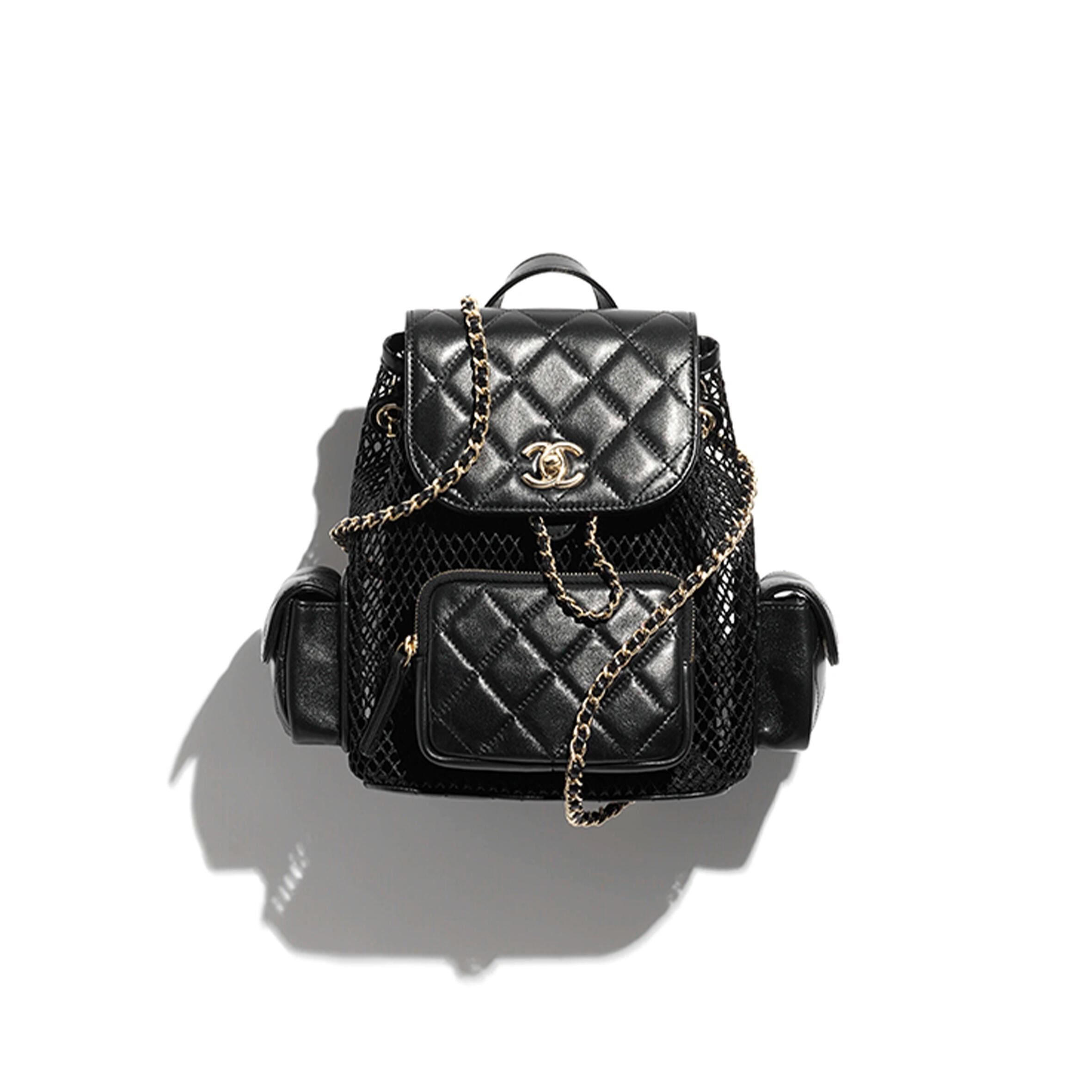 CHANE BACKPACK MESH, SHINY LAMBSKIN &amp; GOLD-TONE METAL BLACK AS5484 (25*23*14cm) Master Quality