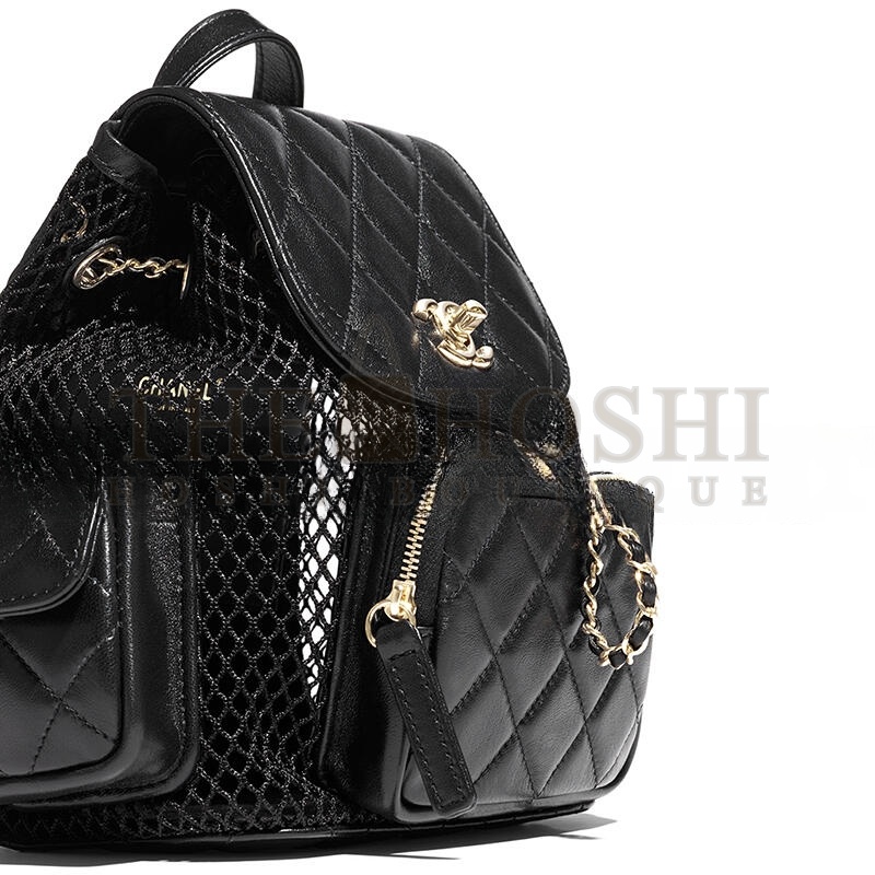 CHANE BACKPACK MESH, SHINY LAMBSKIN &amp; GOLD-TONE METAL BLACK AS5484 (25*23*14cm) Master Quality