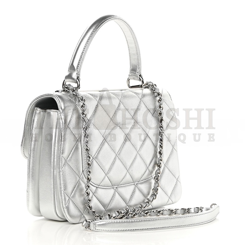 Ch**el METALLIC LAMBSKIN QUILTED SMALL TRENDY CC FLAP DUAL HANDLE BAG SILVER  (25*17*9cm) Master Quality