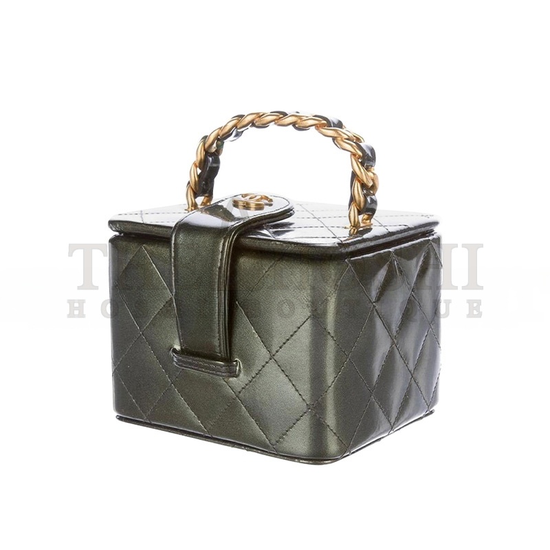 Ch**el VANITY CASE MICRO MINI 90S VINTAGE IRIDESCENT RARE GREEN PATENT CLUTCH  (11*10*8cm) Master Quality