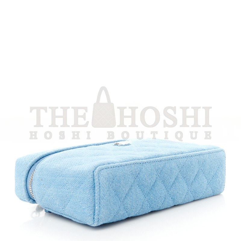 Ch**el DENIM QUILTED TOP HANDLE SLIM VANITY CASE WITH CHAIN BLUE AP4385 (19.5*17*5cm) Master Quality