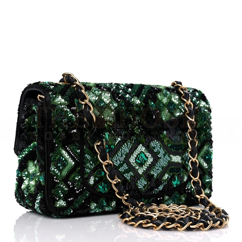 Ch**el SEQUIN MOSAIC MINI RECTANGULAR FLAP GREEN BLACK (20*11*8cm) Master Quality