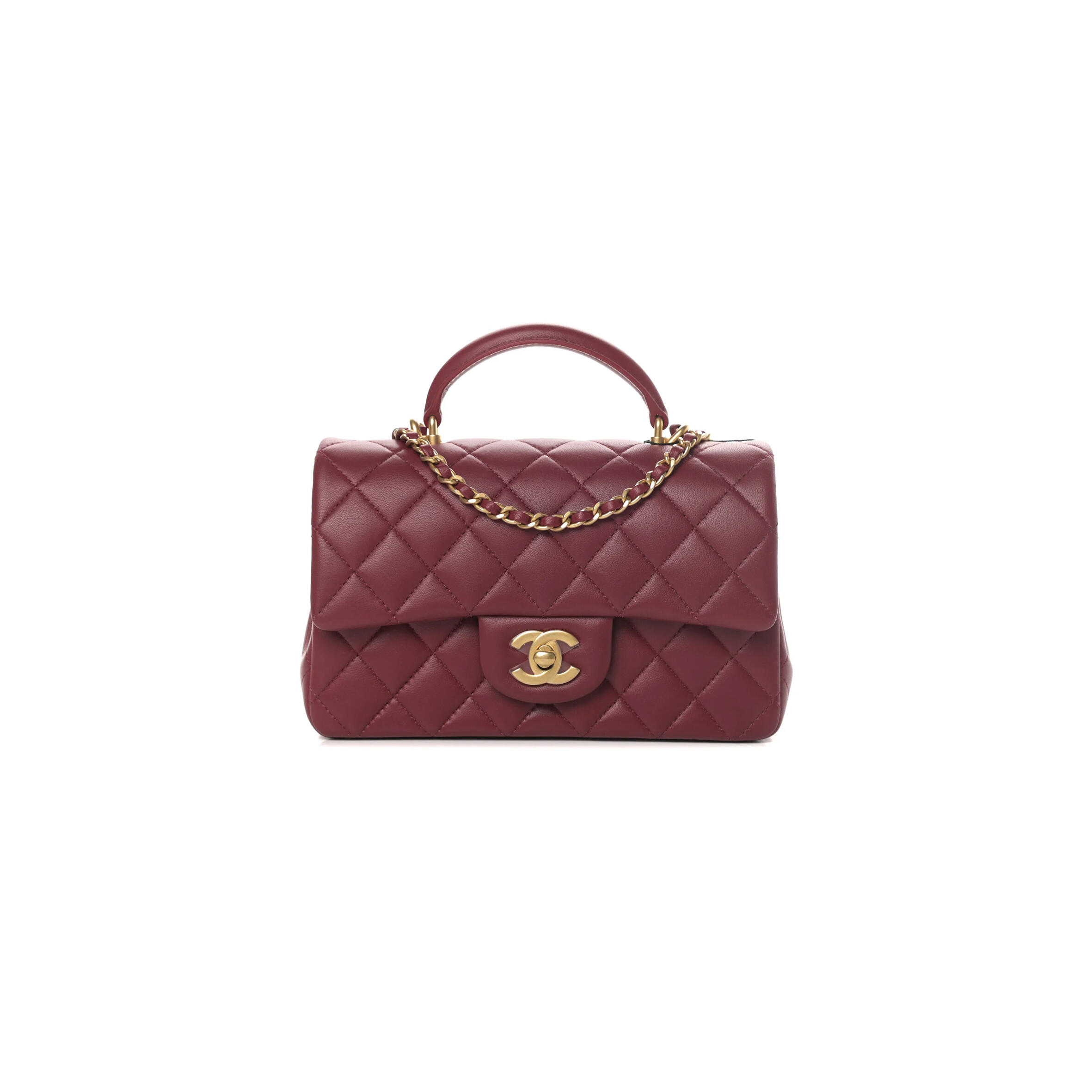 Ch**el LAMBSKIN QUILTED MINI TOP HANDLE RECTANGULAR FLAP BURGUNDY (20*12*6cm) Master Quality
