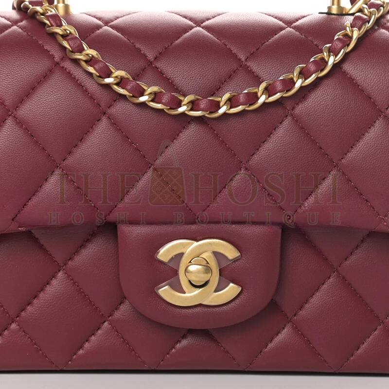 Ch**el LAMBSKIN QUILTED MINI TOP HANDLE RECTANGULAR FLAP BURGUNDY (20*12*6cm) Master Quality