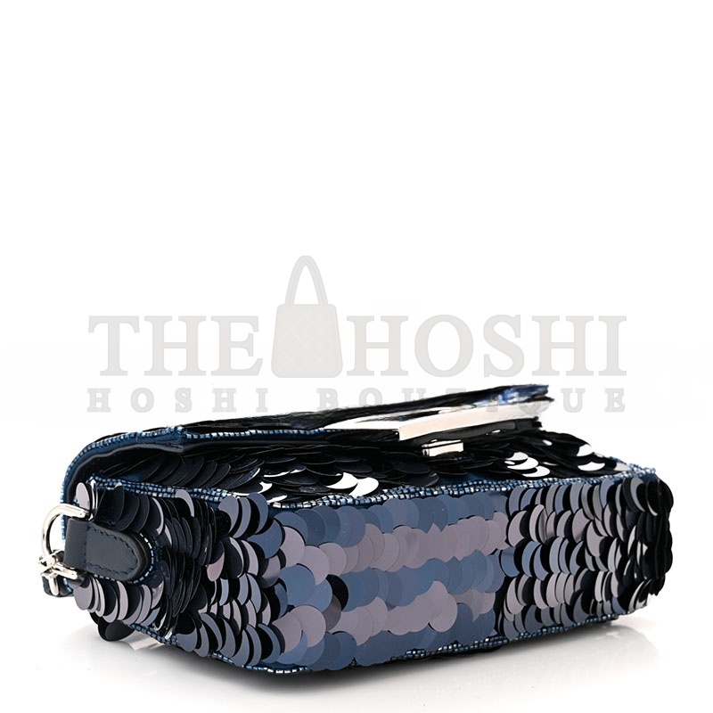 F**di SEQUIN PAILLETTES VITELLO GRACE STRIPED MINI BAGUETTE DARK BLUE LUNAI (19*11*5cm) Master Quality