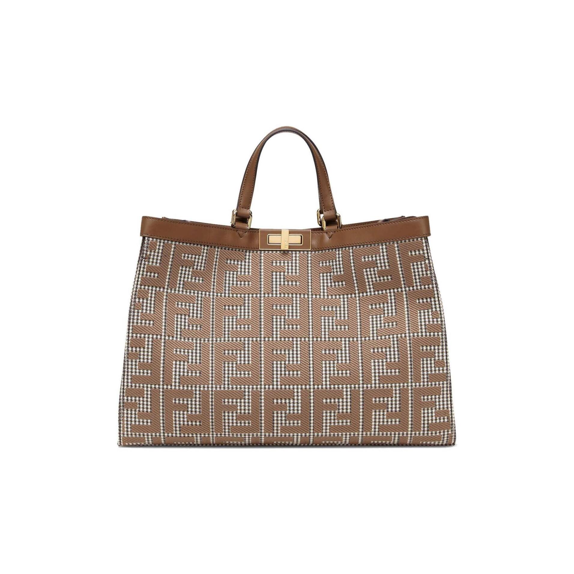 F**di X-TOTE - BROWN HOUNDSTOOTH WOOL SHOPPER WITH FF EMBROIDERY 8BH374AKRZF1IRG (41*29.5*16cm) Master Quality