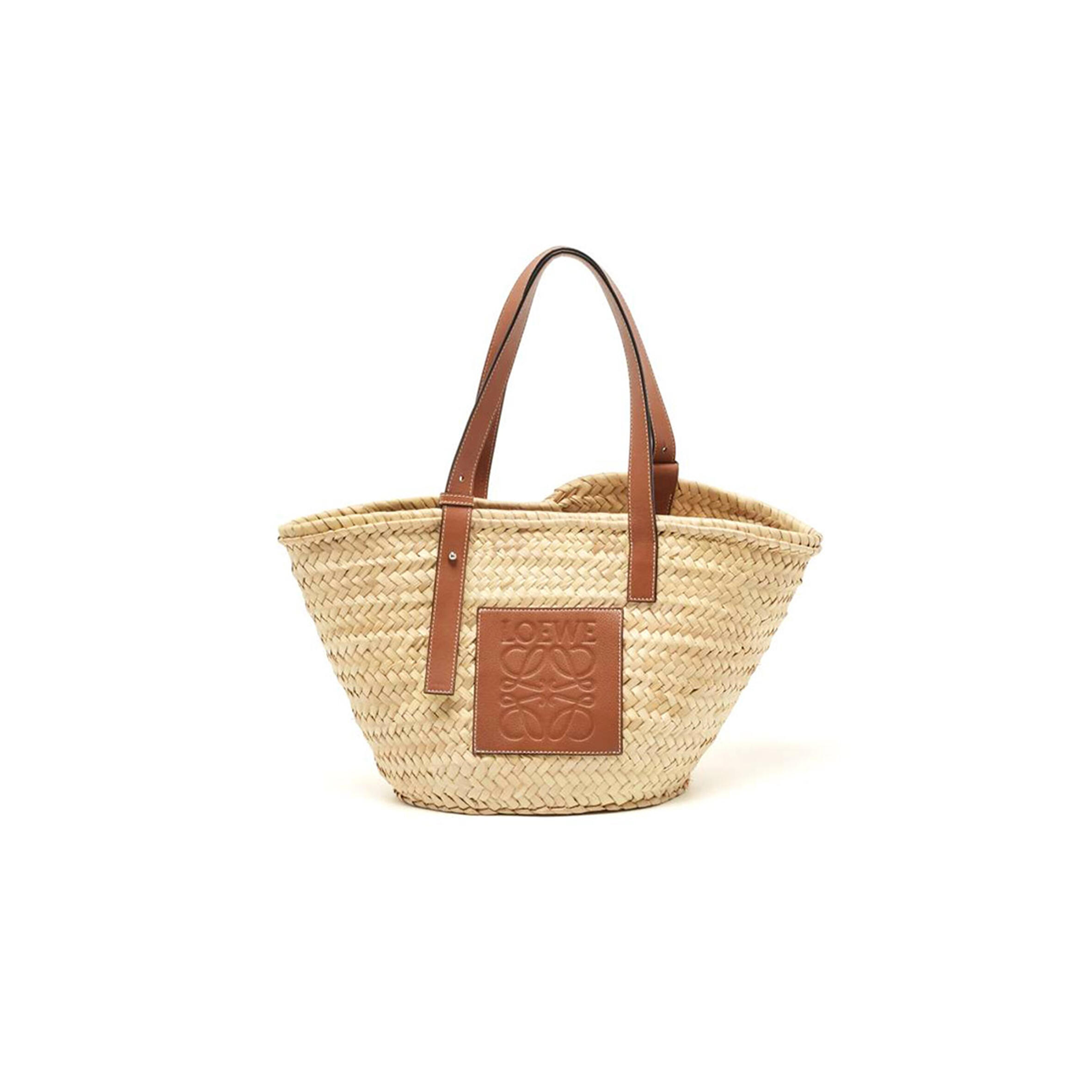 L0ew* BROWN NATURAL PALM LEAF AND LEATHER MEDIUM BASKET TOTE (44*26*13.5cm) Master Quality