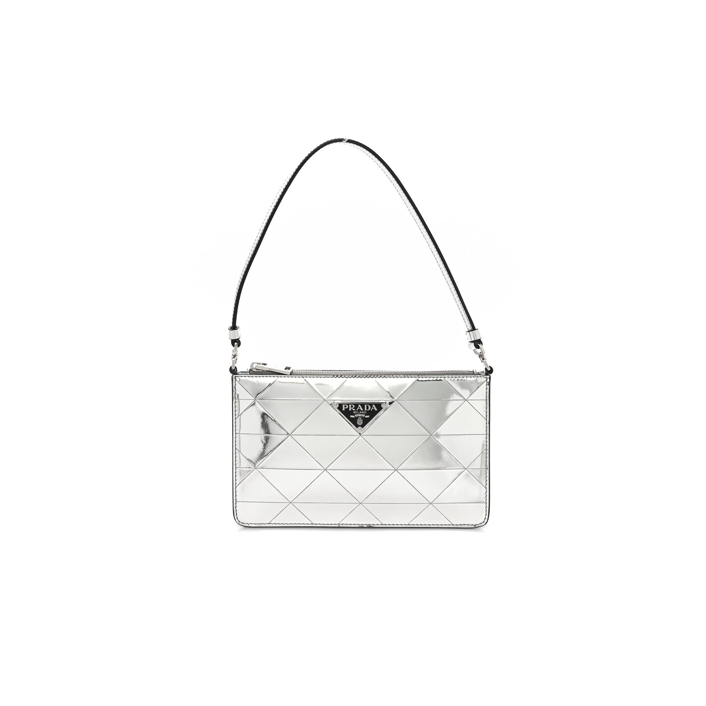 Pra*a METALLIC BRUSHED CALFSKIN MINI TRIANGLE BAG SILVER (20*12*4cm) Master Quality
