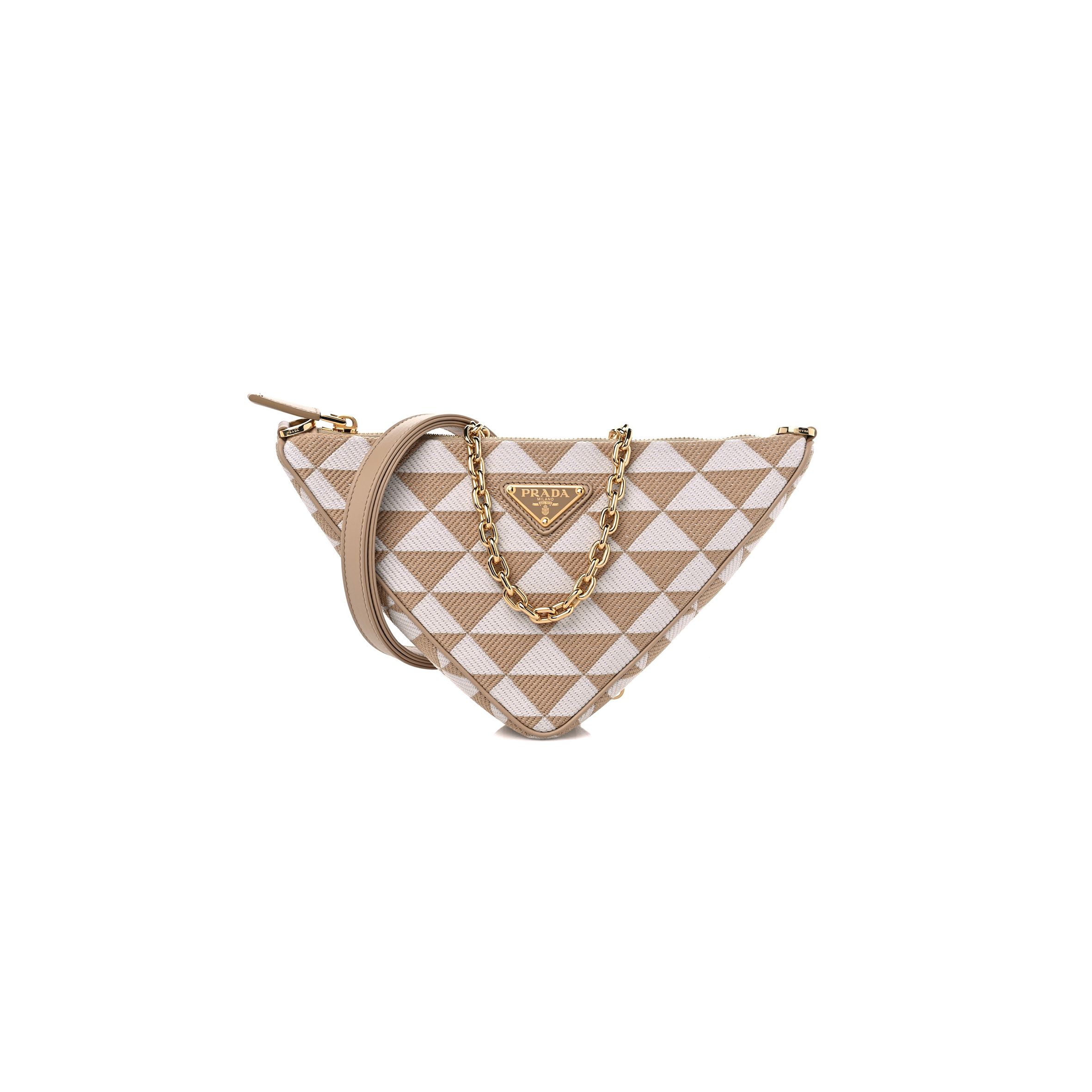 Pra*a JACQUARD TRIANGOLO SYMBOLE EMBROIDERED MINI TRIANGLE SHOULDER BAG BEIGE CHALK WHITE (27*15*6cm) Master Quality