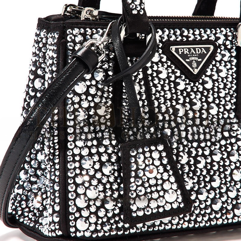 Pra*a BLACK SATIN AND CRYSTAL MINI GALLIERA TOTE BAG 1BA906 (20*15*9.5cm) Master Quality