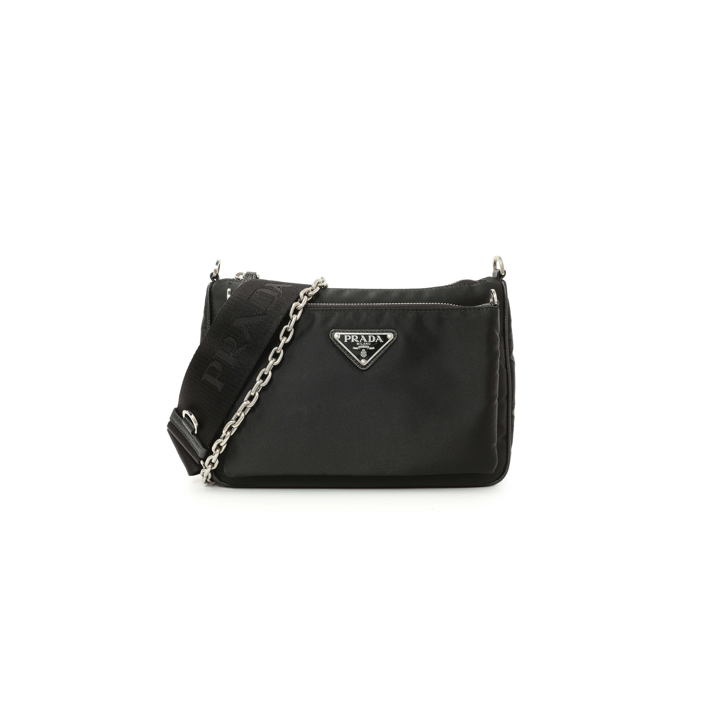 Pra*a BLACK RE-NYLON SAFFIANO DOUBLE POUCH SHOULDER BAG 1BH168 (22*16*4.5cm) Master Quality