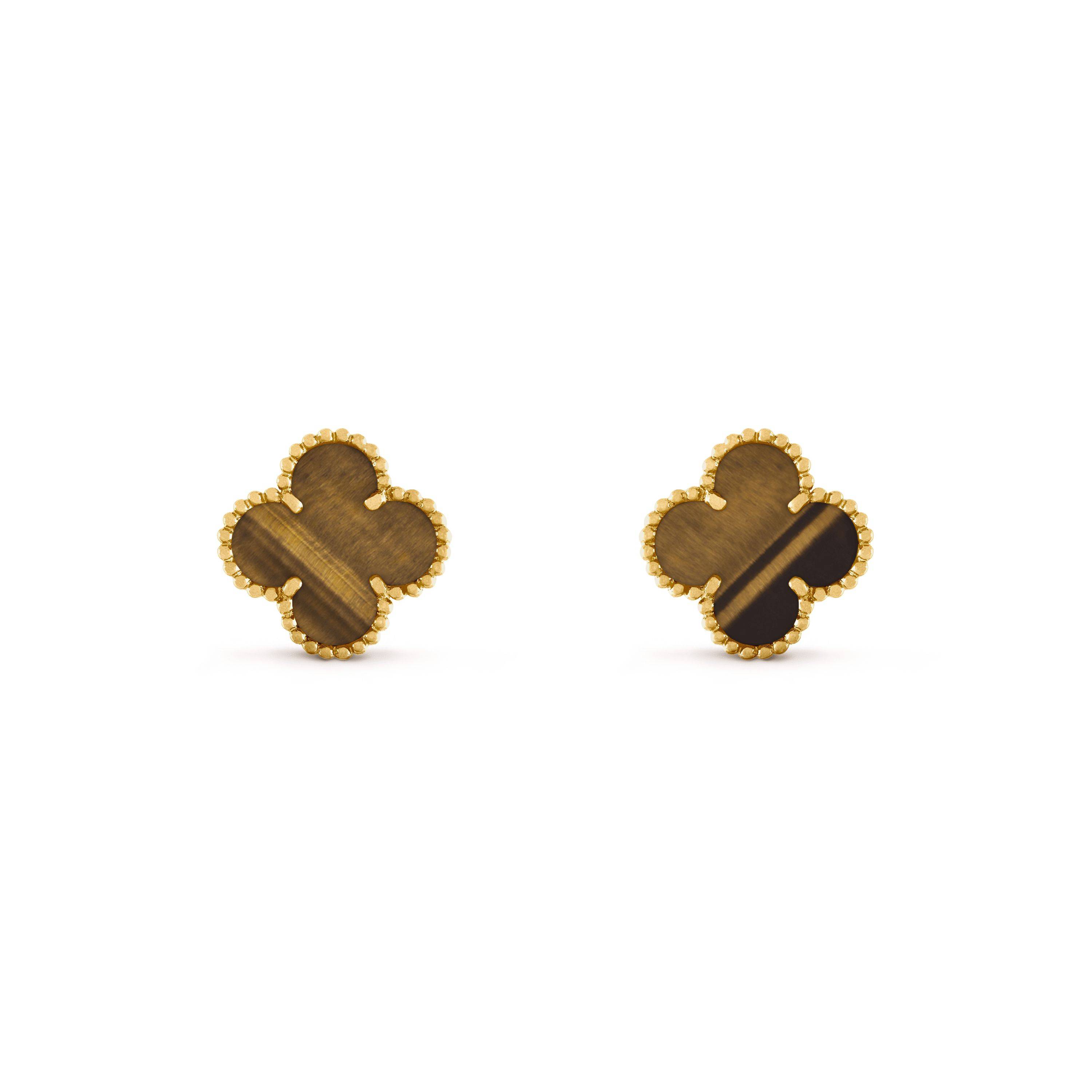 V*n Cl**f ARPELS VINTAGE ALHAMBRA EARRINGS - YELLOW GOLD, TIGER EYE  VCARD40500 Master Quality