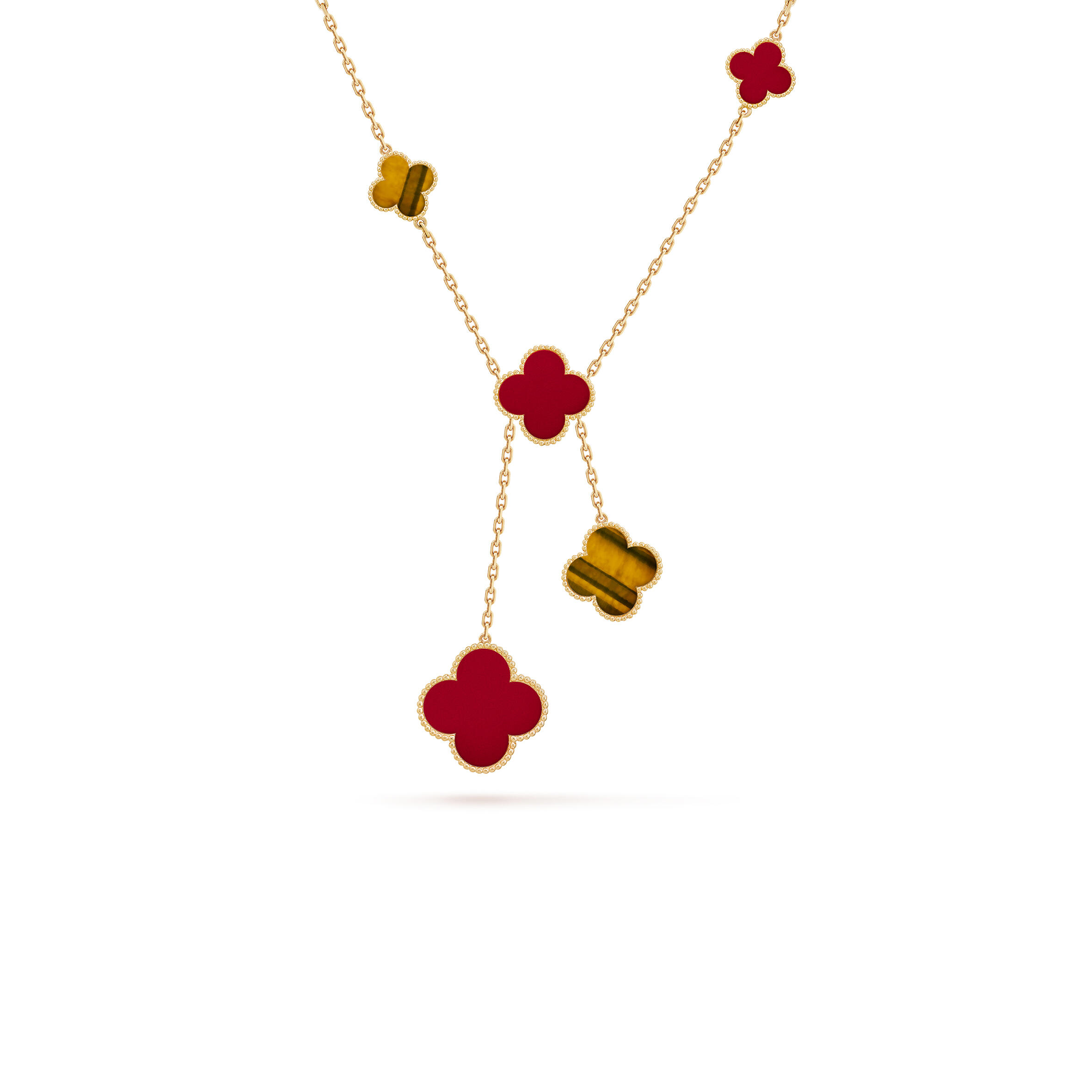 V*n Cl**f ARPELS MAGIC ALHAMBRA NECKLACE, 6 MOTIFS - YELLOW GOLD, CARNELIAN, TIGER EYE  VCARN5JP00 Master Quality