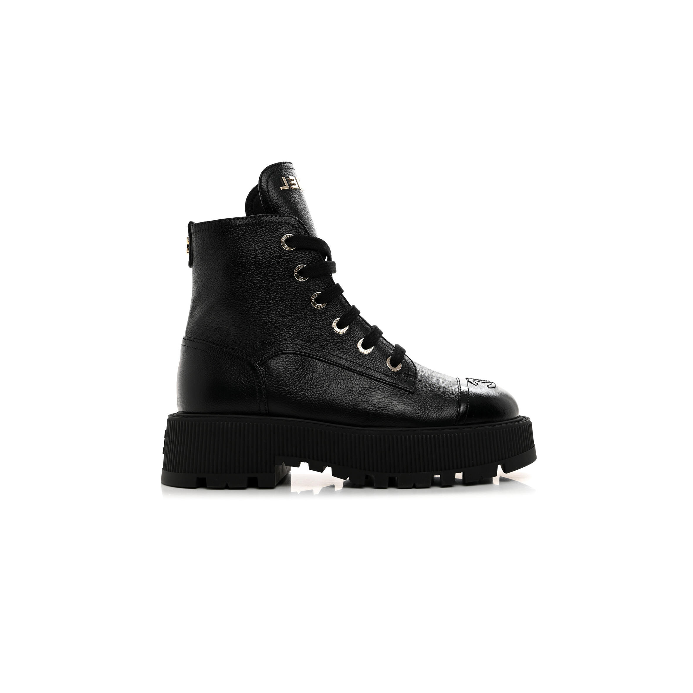 Ch**el GRAINED CALFSKIN SHINY CALFSKIN CC LACE UP COMBAT BOOTS 1437689 Master Quality
