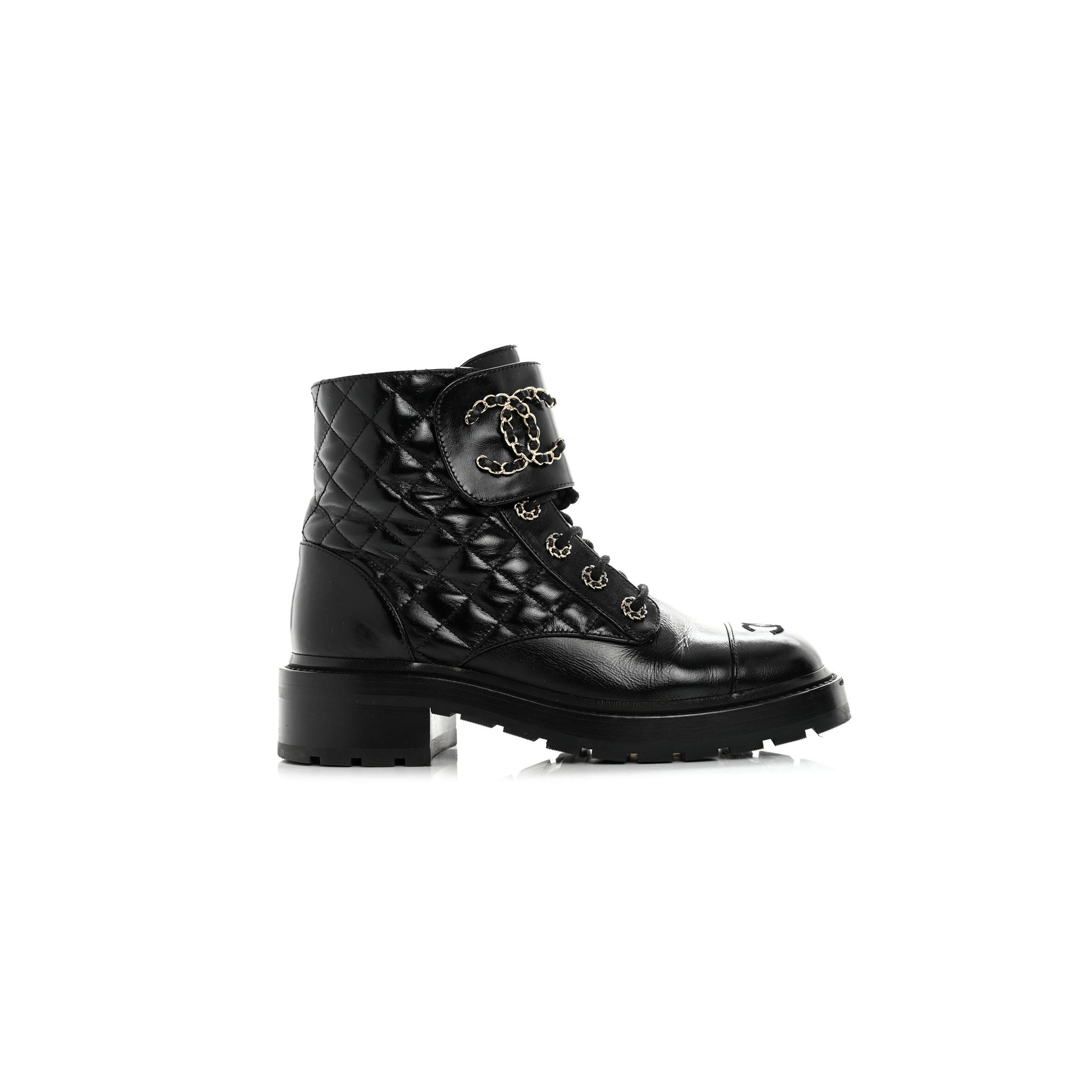 Ch**el SHINY CALFSKIN QUILTED LACE UP COMBAT BOOTS Master Quality